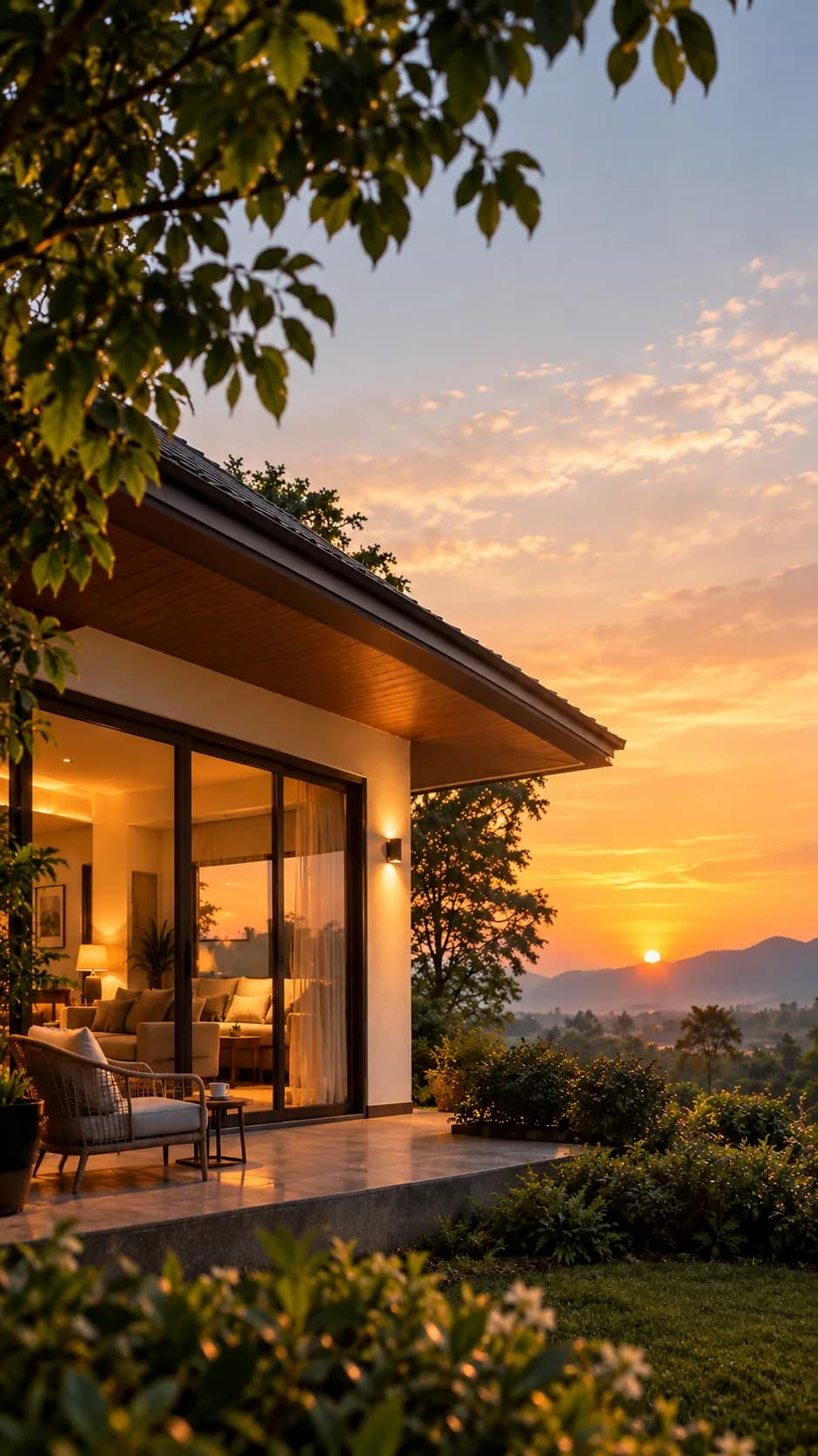 Bilara residence at sunset, its lit living room opening onto a covered terrace above a valley